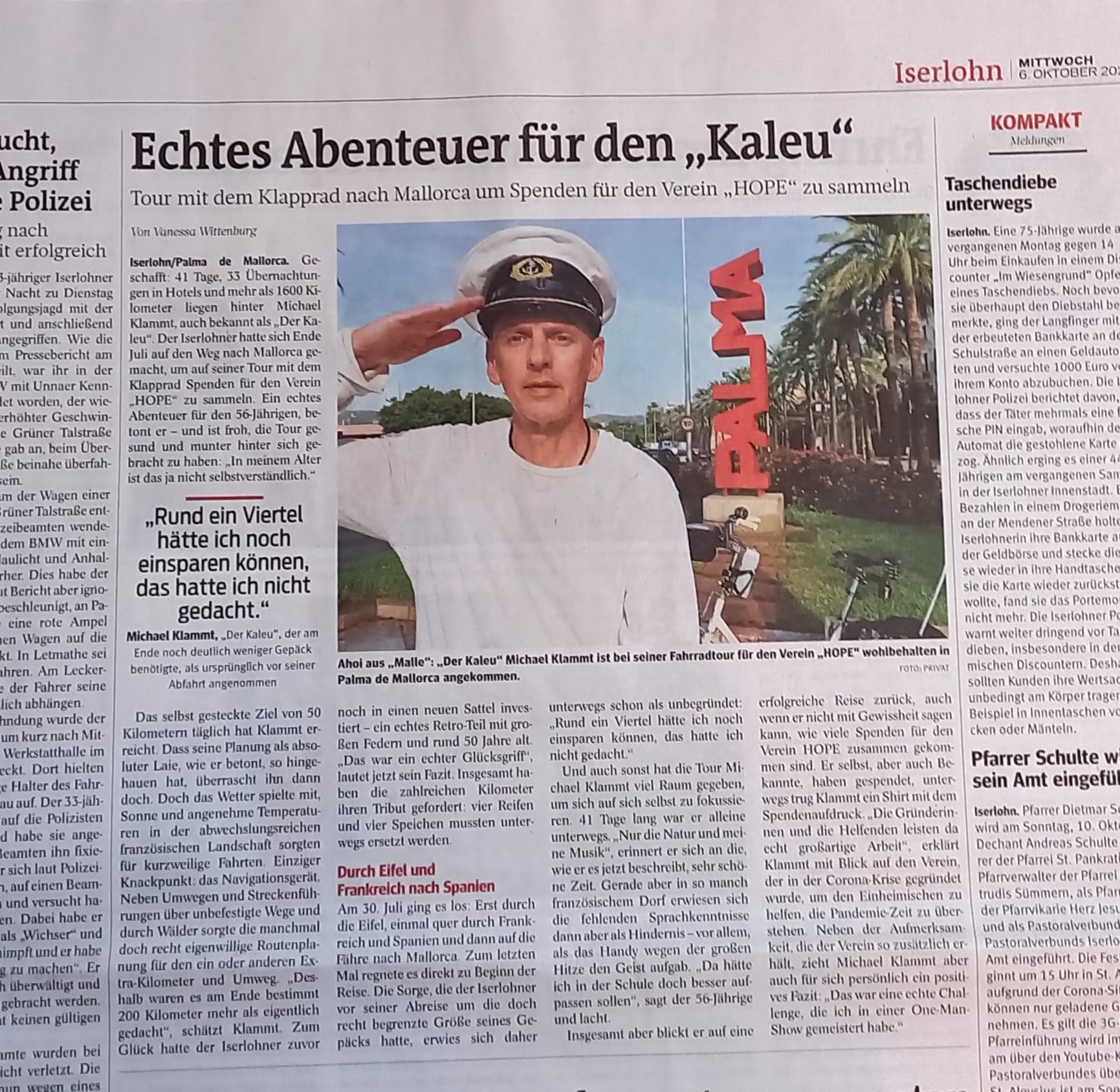 Echtes Abenteuer für den Kaleu ( Westfaelische Rundschau vom 06.10.21 )